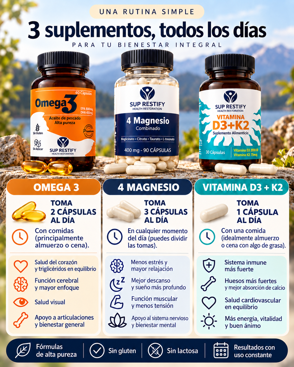 Pack Rutina Completa · Magnesio + Omega 3 + Vitamina D3 K2 – 30 días
