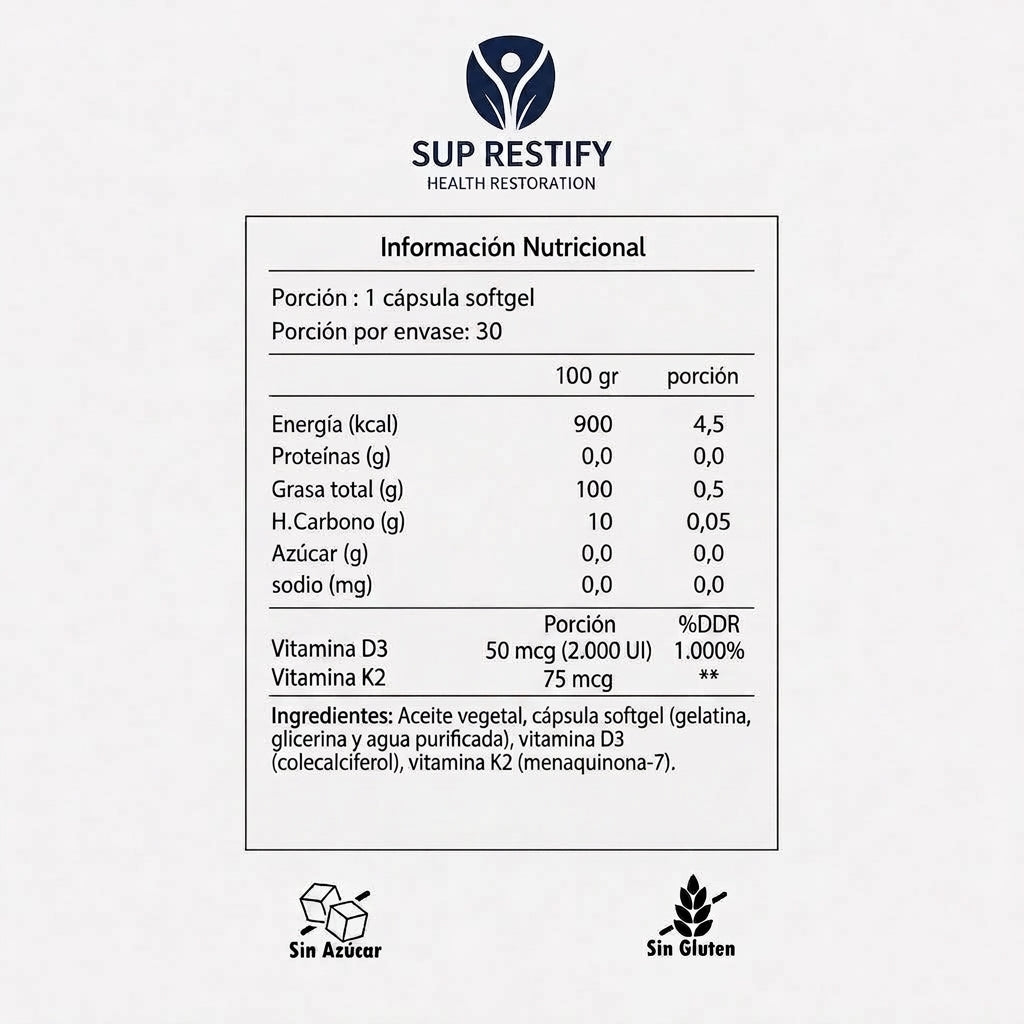 Vitamina D3 2.000 UI + K2 MK-7 · 75 mcg – 30 cápsulas softgel
