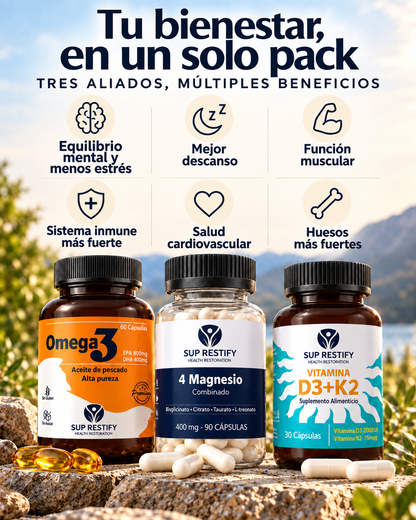 Pack Rutina Completa · Magnesio + Omega 3 + Vitamina D3 K2 – 30 días