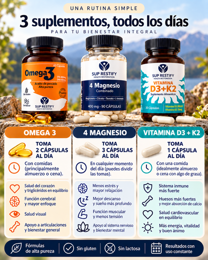 Pack Rutina Completa · Magnesio + Omega 3 + Vitamina D3 K2 – 30 días