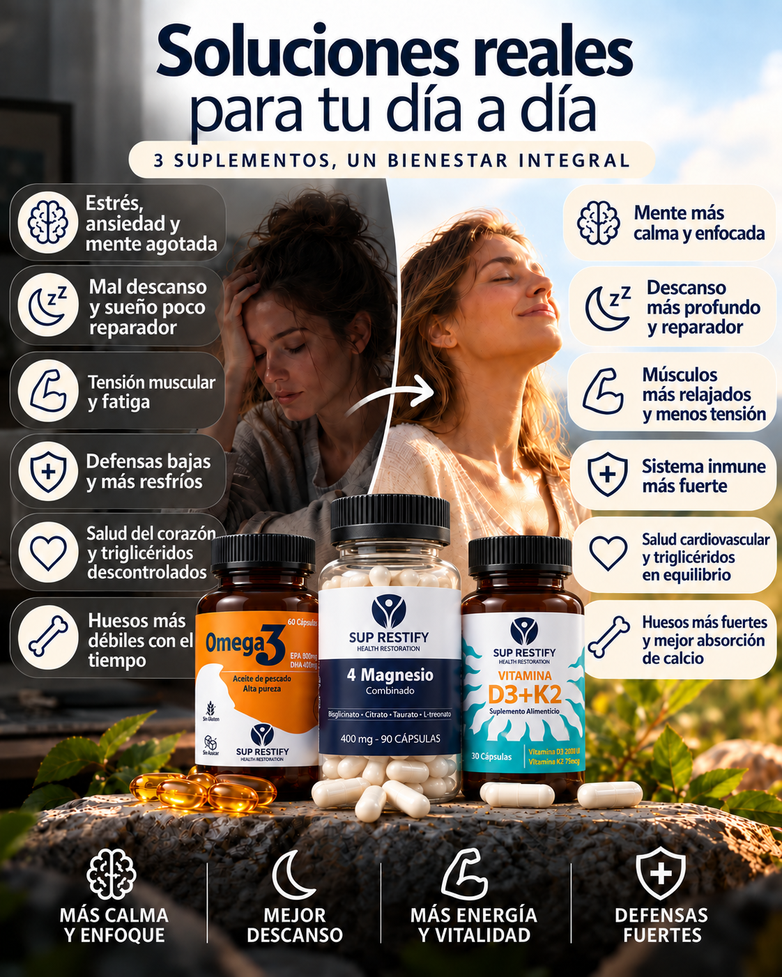 Pack Rutina Completa · Magnesio + Omega 3 + Vitamina D3 K2 – 30 días