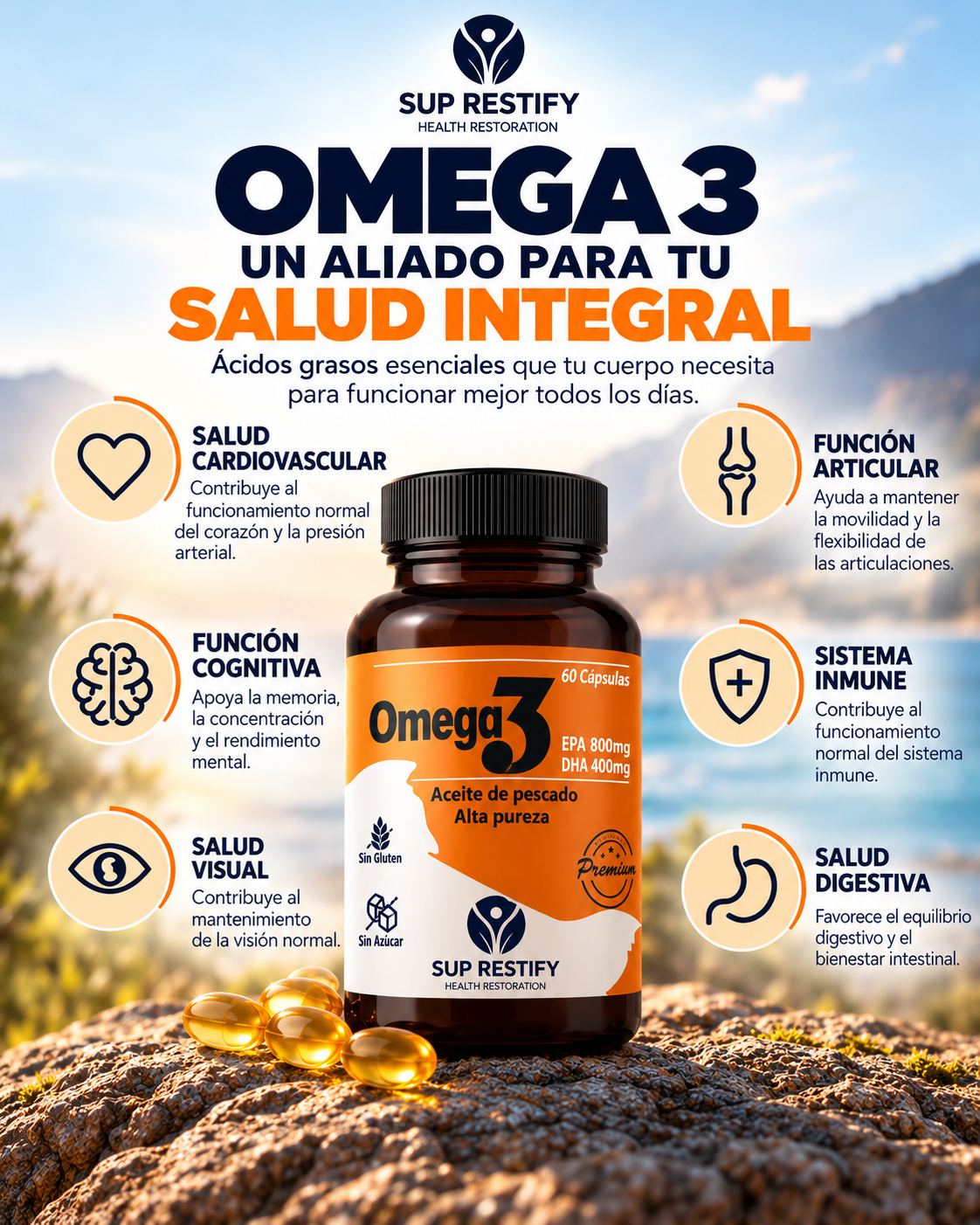 Omega 3 · 800 mg EPA + 400 mg DHA por dosis – 60 cápsulas softgel