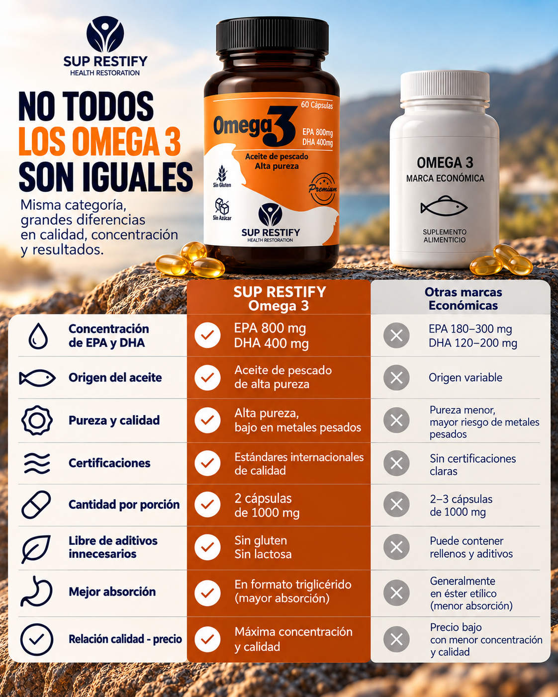 Omega 3 · 800 mg EPA + 400 mg DHA por dosis – 60 cápsulas softgel