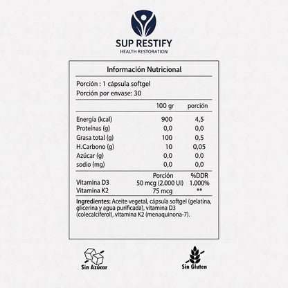 Vitamina D3 2.000 UI + K2 MK-7 · 75 mcg – 30 cápsulas softgel
