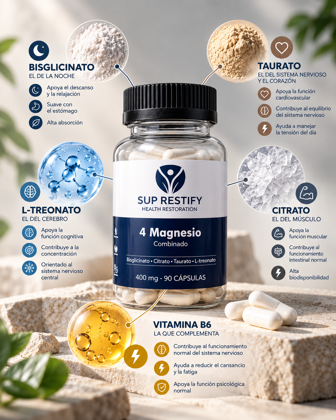 4 Magnesio · Bisglicinato, Citrato, Taurato y L-treonato con Vitamina B6