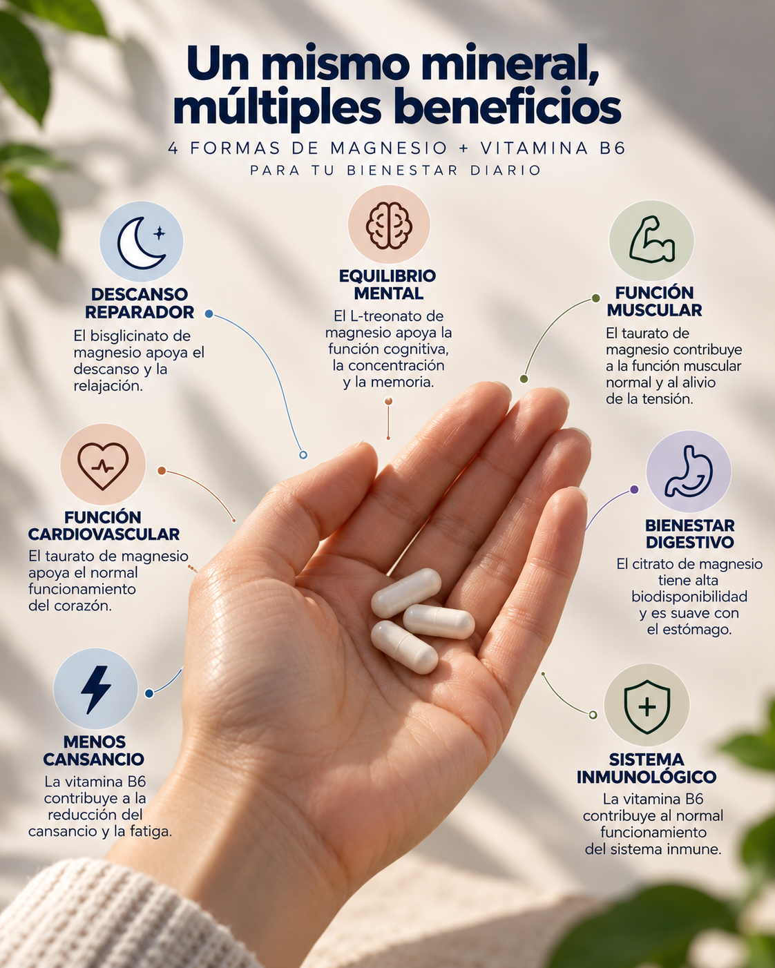 4 Magnesio · Bisglicinato, Citrato, Taurato y L-treonato con Vitamina B6