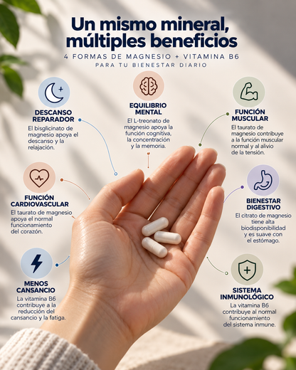 4 Magnesio · Bisglicinato, Citrato, Taurato y L-treonato con Vitamina B6